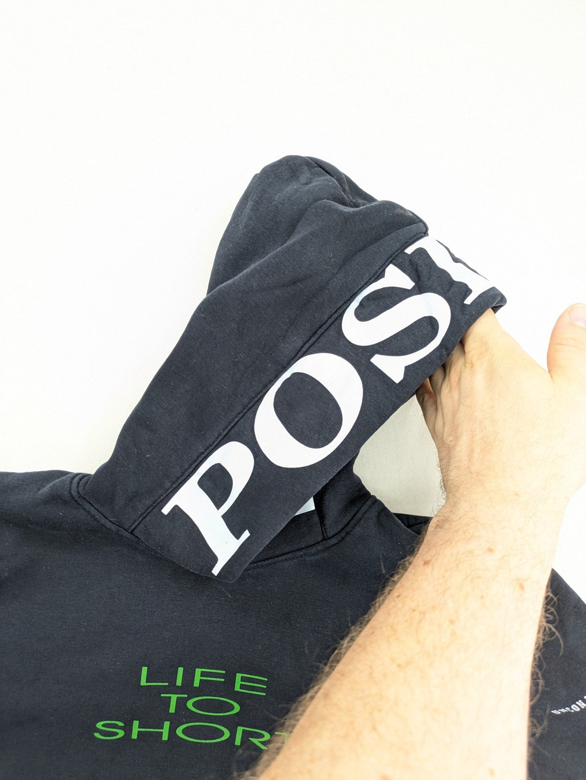 Bahamax zip-through hoodie grey with green hood, "Life To Short" print, and unique sleeve embroidery.
