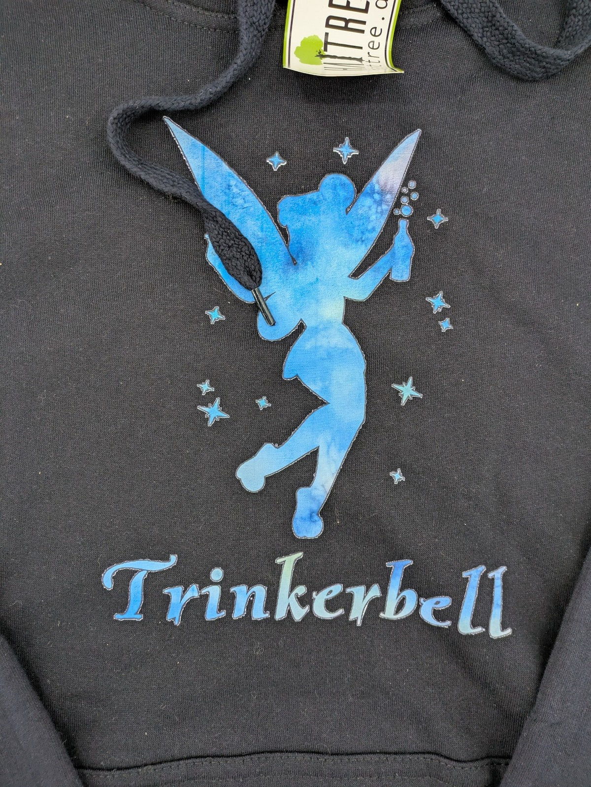Trinkerbell black zip-through hoodie with blue graphic and adjustable drawstring hood.