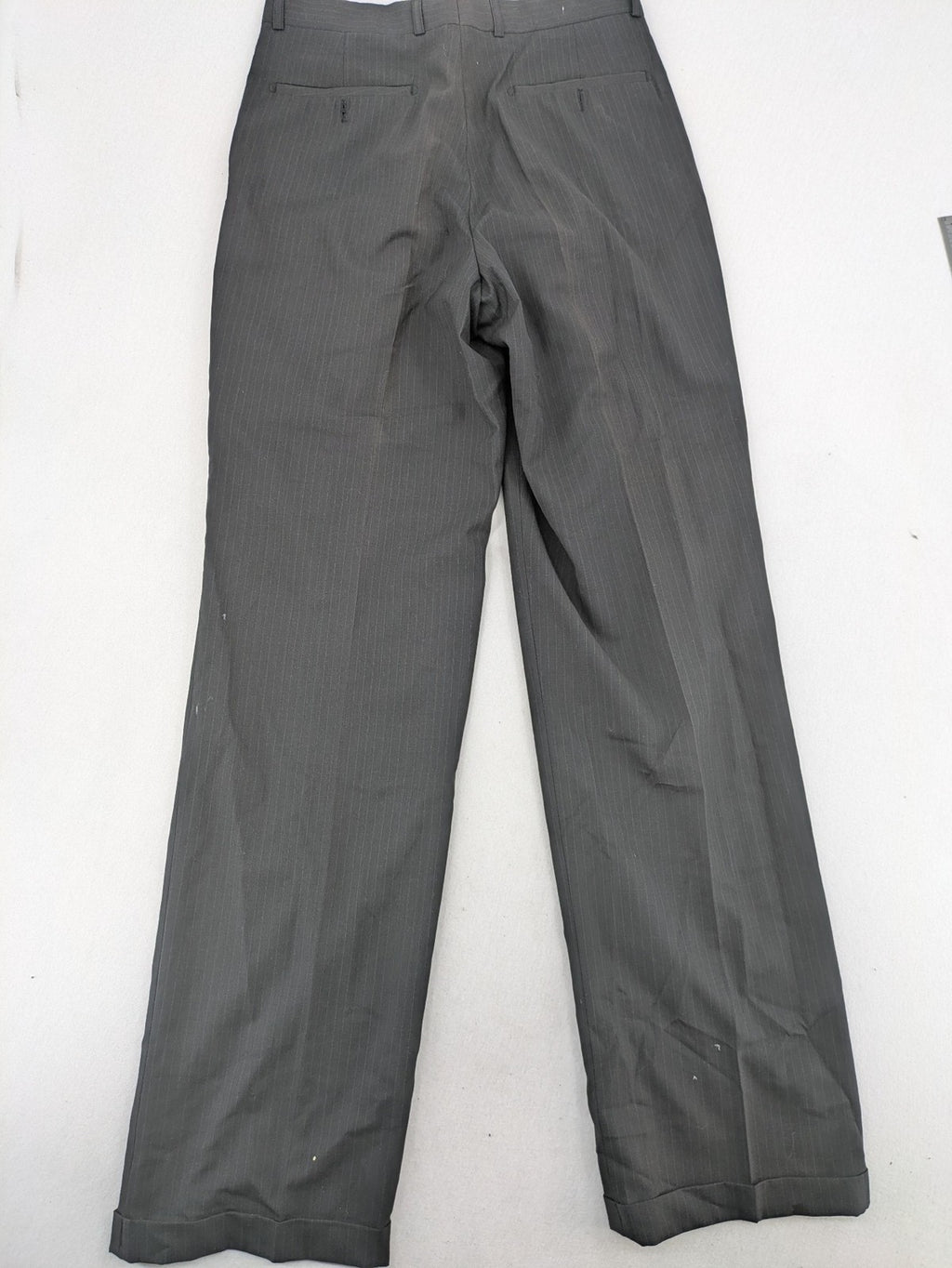 Wahl grey dress pants with pinstripe pattern and pleats, featuring side and back pockets.