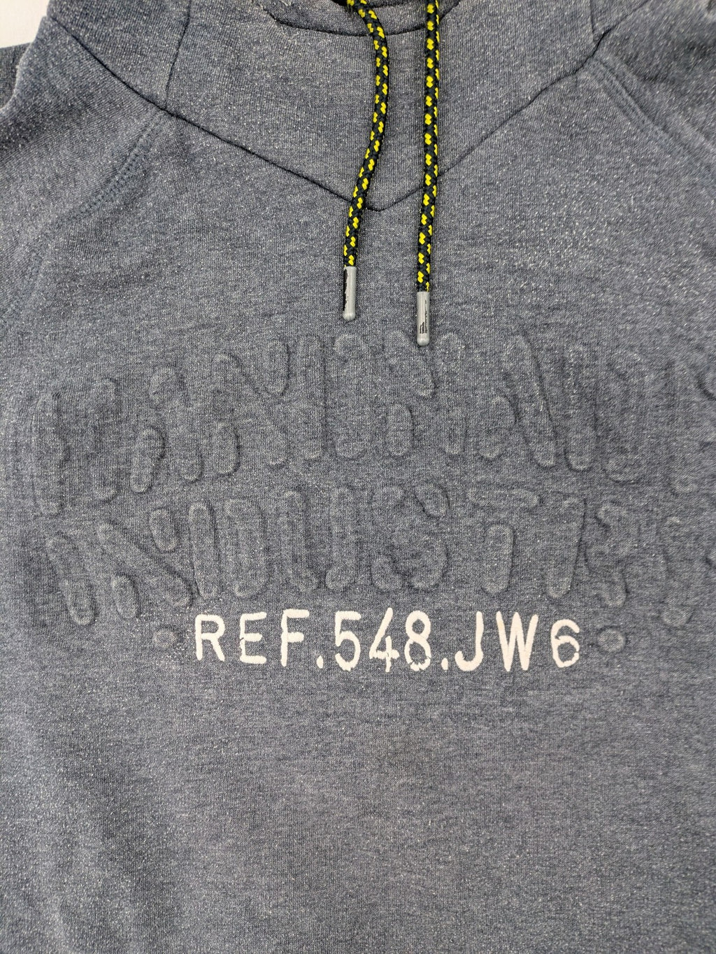 C&A grey hoodie with embossed chest logo, teddy-lined hood, and side zip pockets.