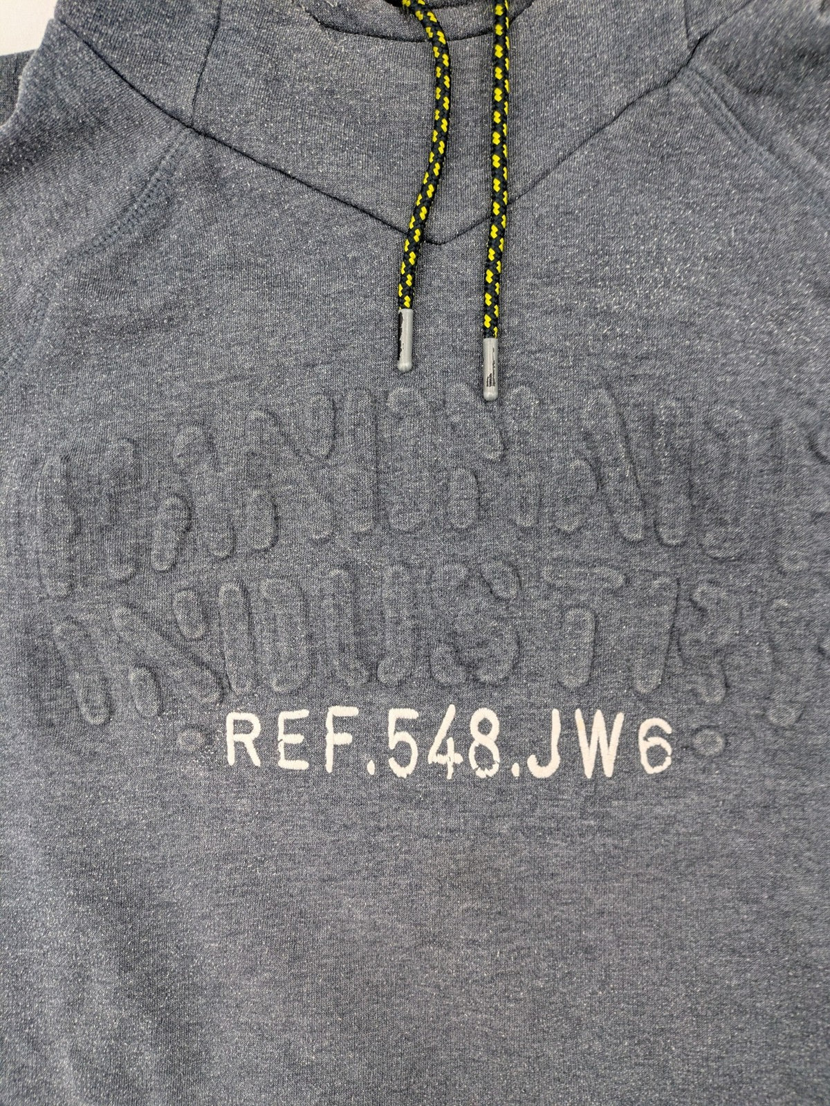 C&A grey hoodie with embossed chest logo, teddy-lined hood, and side zip pockets.
