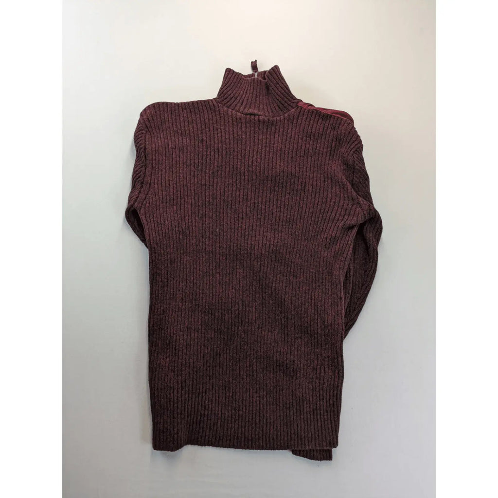 Infinity burgundy turtle neck jumper with quarter-zip and ribbed knit texture.