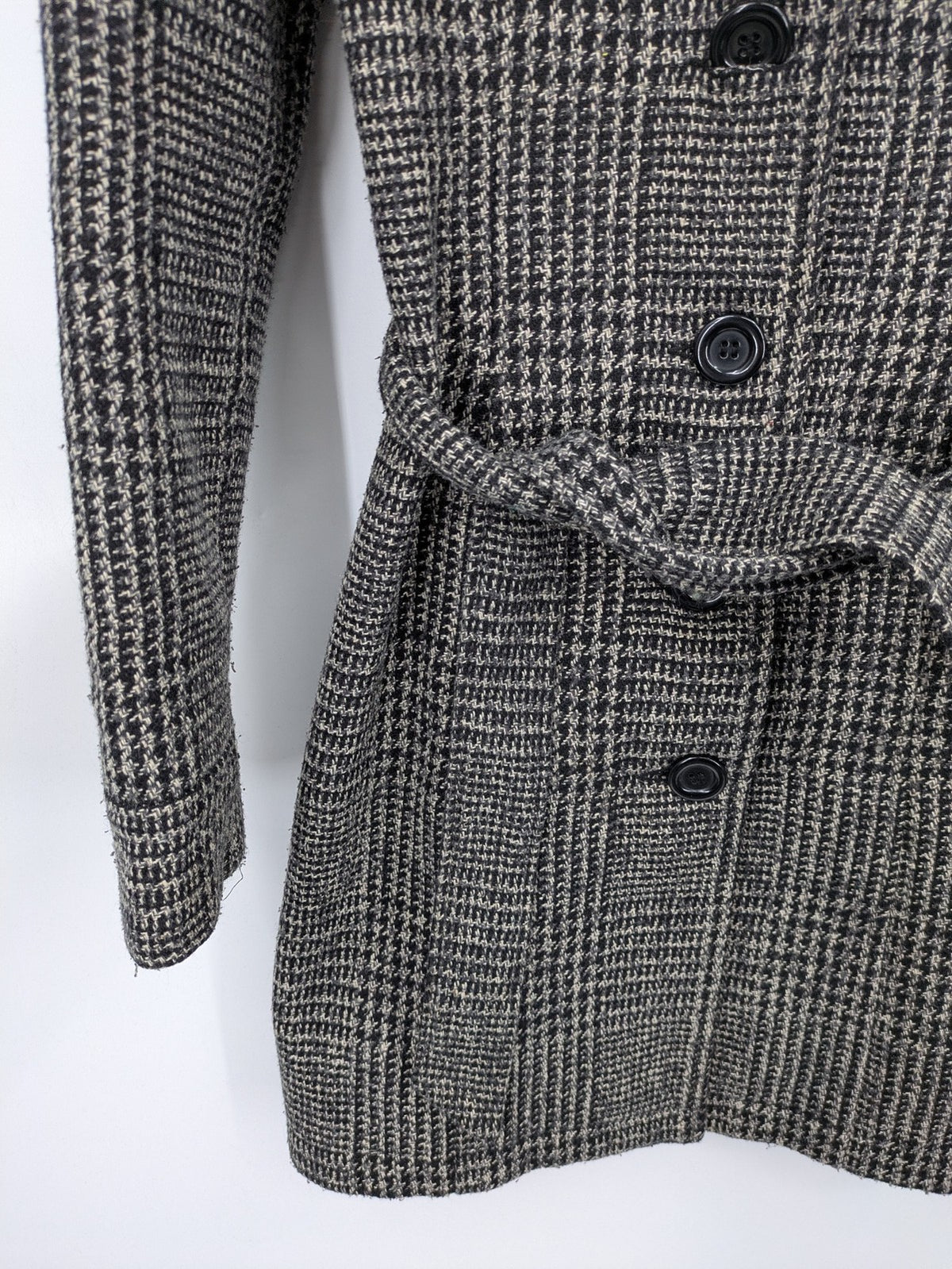 Xanaka beige trench coat houndstooth pattern wool blend with matching belt.