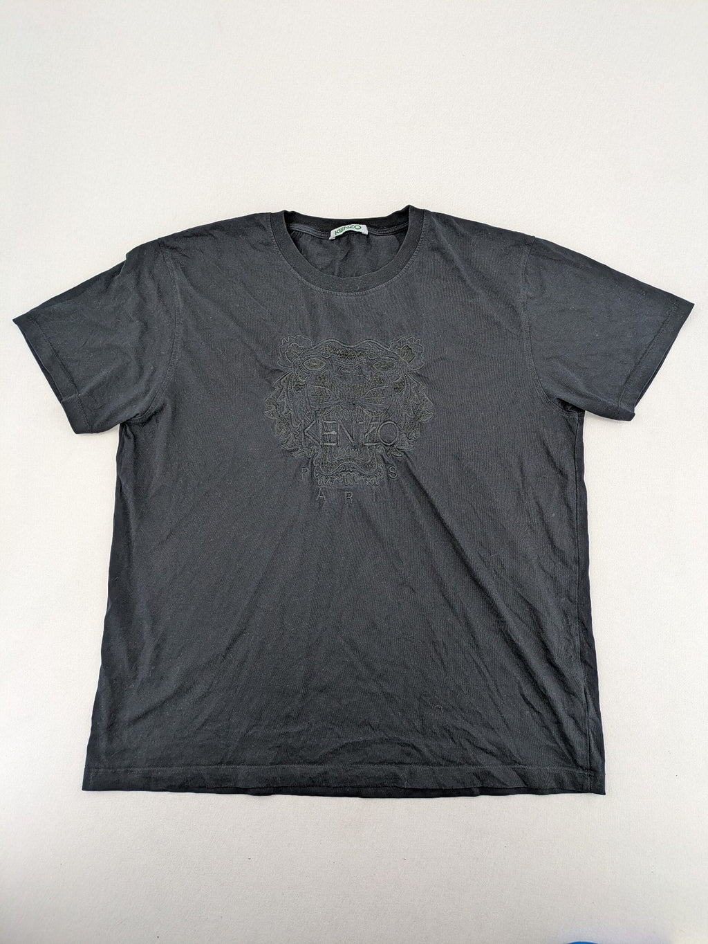 Kenzo grey t-shirt with embroidered tiger logo and "Paris" text in tonal black.