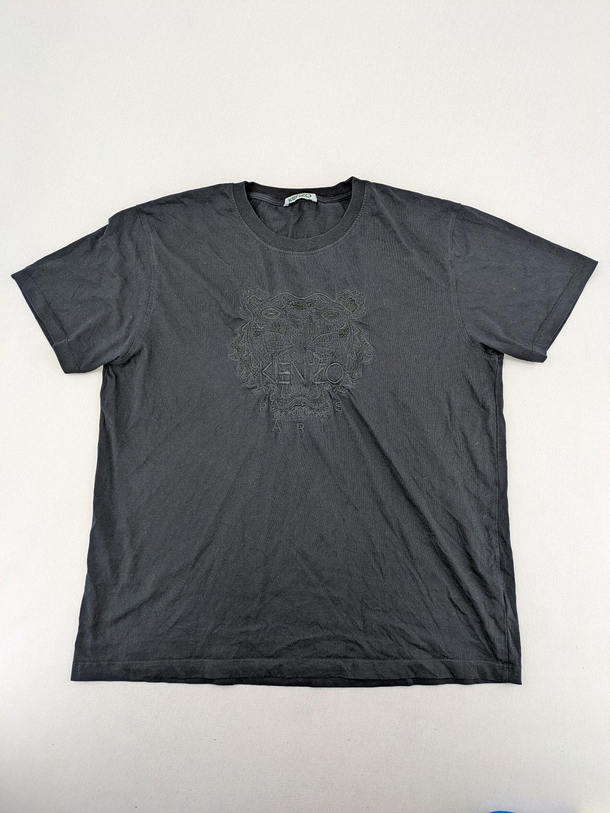Kenzo grey t-shirt with embroidered tiger logo and "Paris" text in tonal black.