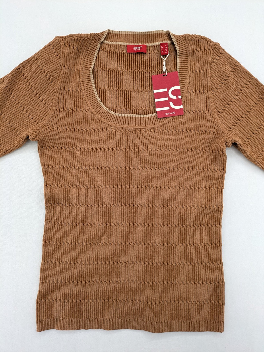 Esprit brown turtle neck jumper with ribbed texture and wide U-neckline.