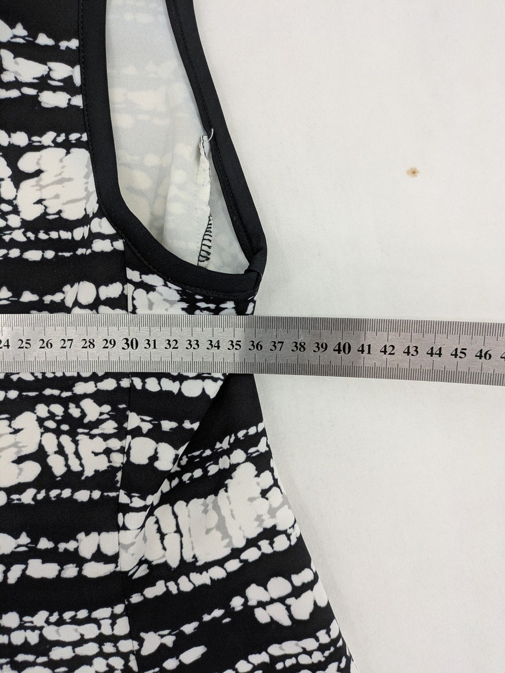 Mossimo black and white striped A-line summer dress, sleeveless, stretchy polyester blend.