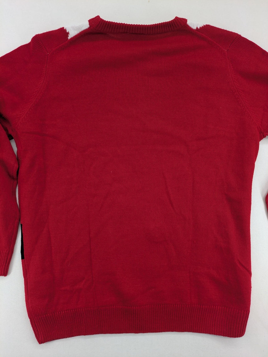Livergy red turtle neck jumper festive Santa design with white collar and belt pattern.