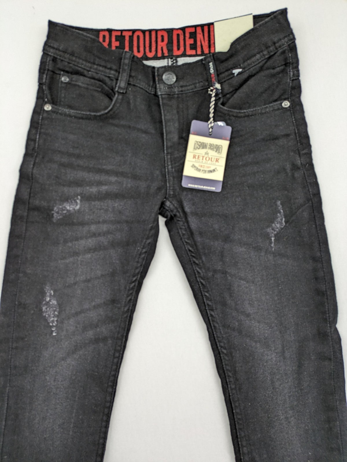 Skinny black straight jeans with distressed details and logo, made from durable denim.