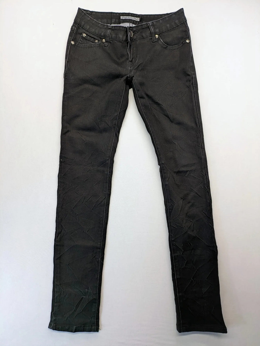 L & K Kaha black straight jeans with rhinestone logo patch and classic 5-pocket design.