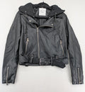 House Brand black biker jacket with hood, asymmetrical zipper, and belt detail.