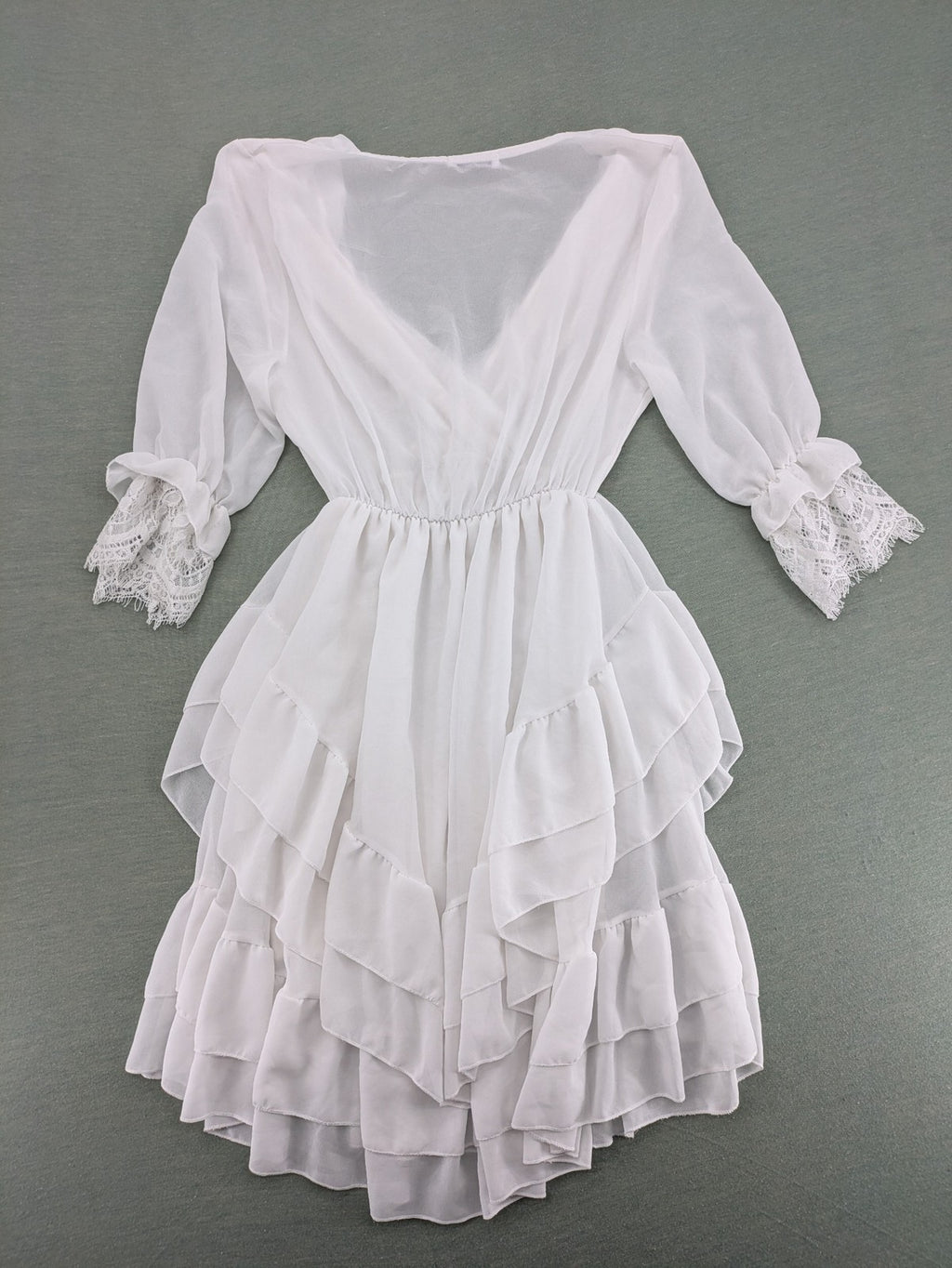 Amalfi white bridal party dress V-neck layered ruffles with lace trim sleeves