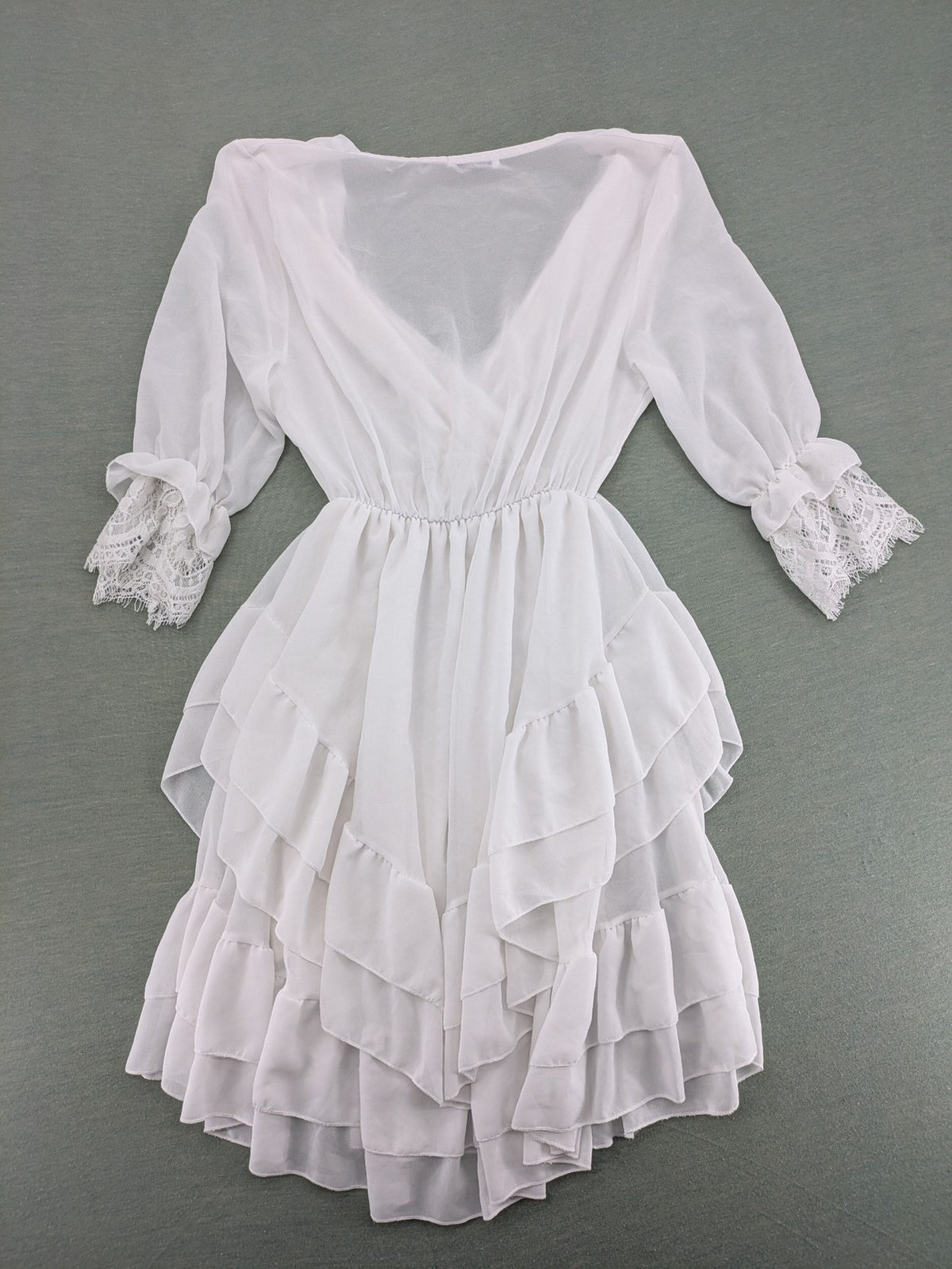 Amalfi white bridal party dress V-neck layered ruffles with lace trim sleeves