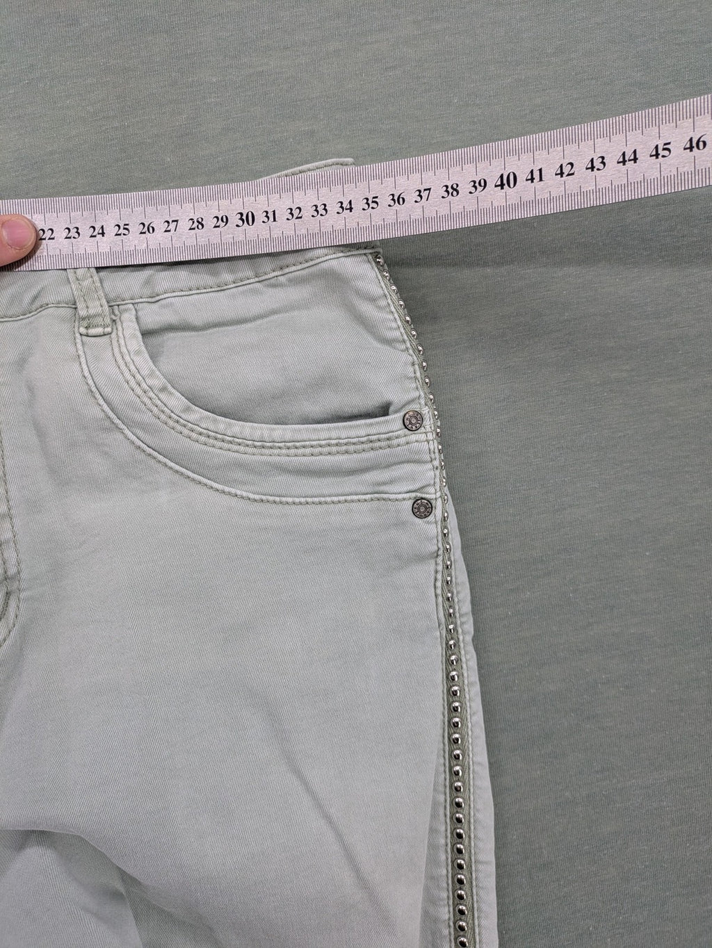 Jewelly grey straight jeans slim fit with silver decorative studs along side seams.