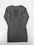 yvesline grey bodycon mini dress with V-neck and lace-up front detail