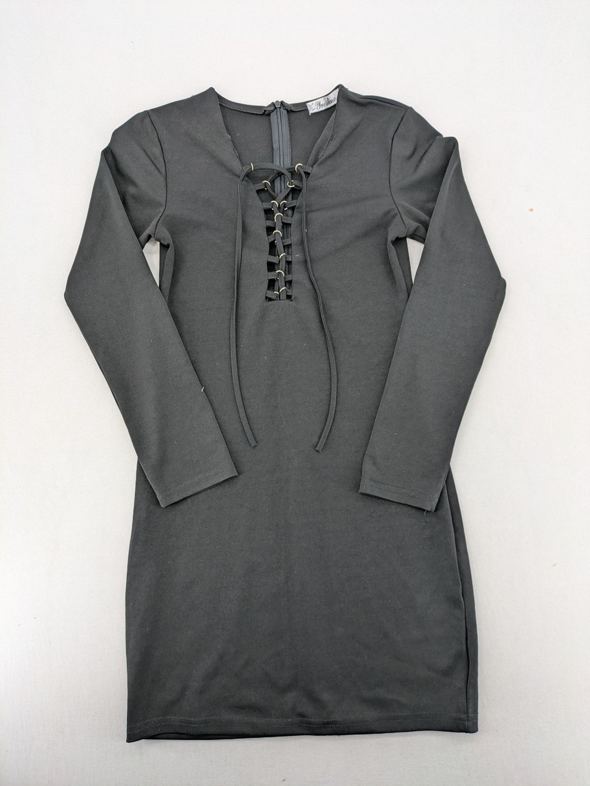 yvesline grey bodycon mini dress with V-neck and lace-up front detail