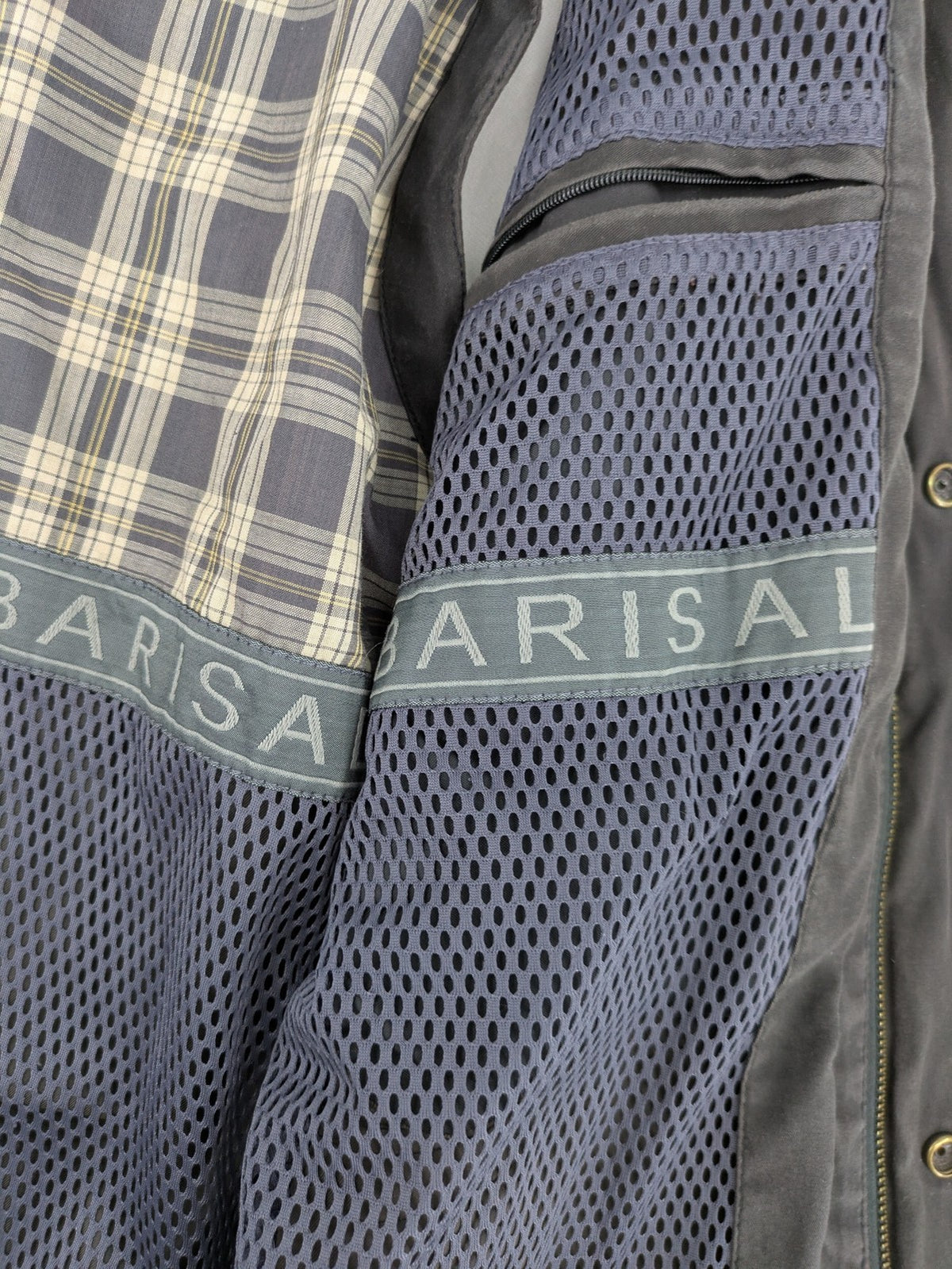 Barisal grey coat with hood, cargo pockets, and checkered lining detail.