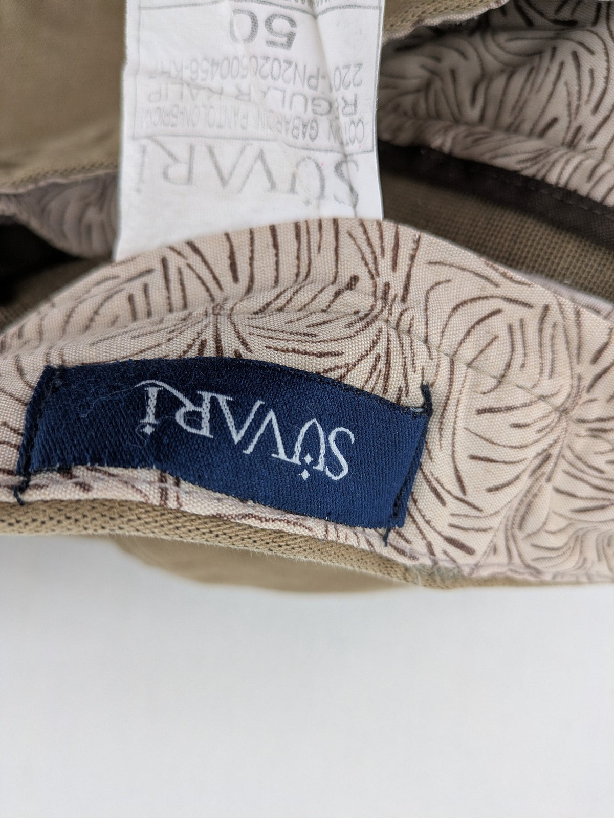 Süvari khaki chino pants flat-front design with patterned waistband detail, cotton blend material.