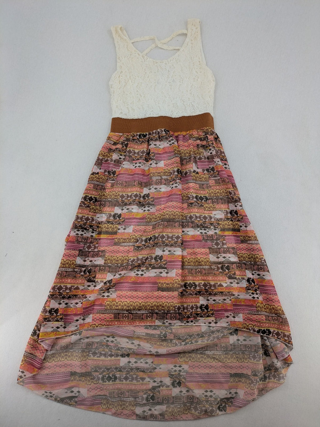 Boho multi summer dress white lace bodice with crossed straps and high-low hem.