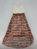 Boho multi summer dress white lace bodice with crossed straps and high-low hem.