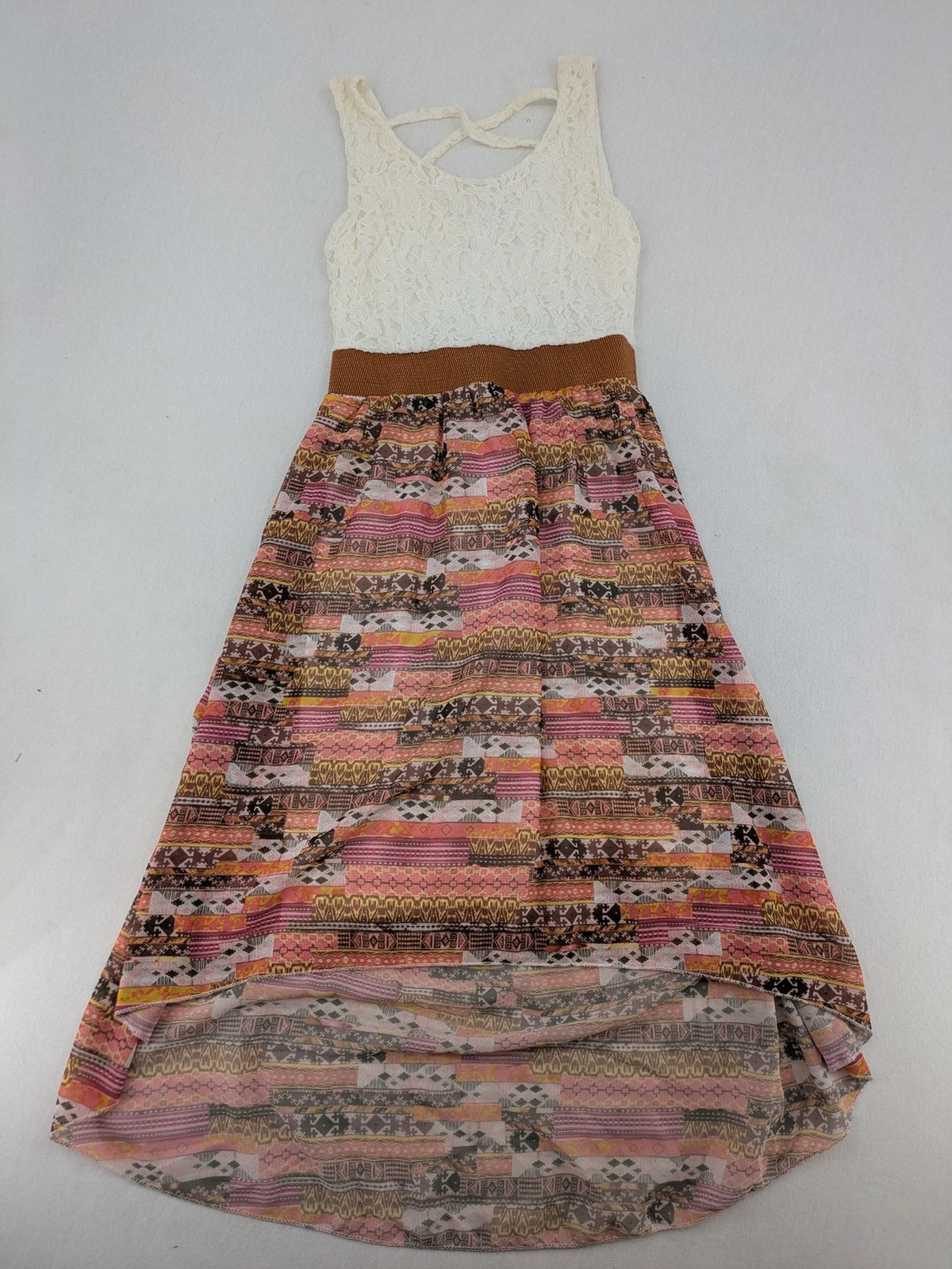 Boho multi summer dress white lace bodice with crossed straps and high-low hem.