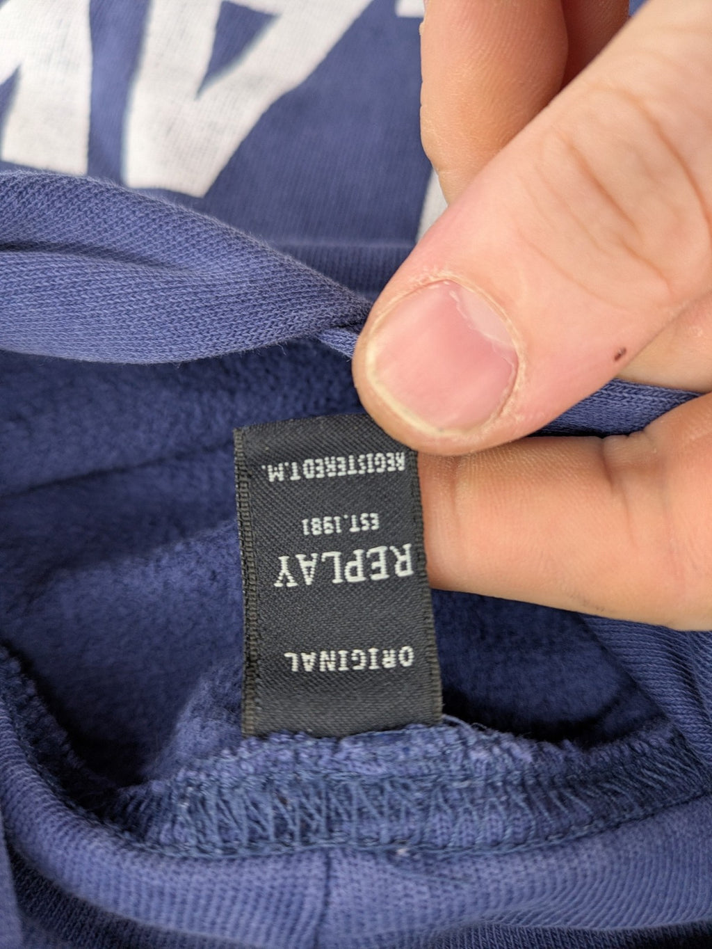 Replay blue turtle neck jumper with large logo print and kangaroo pocket, 100% cotton.