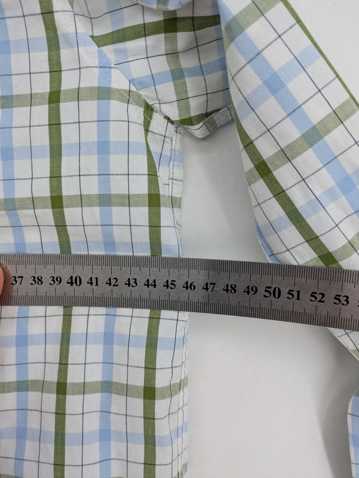 L.O.G.G green, blue, and white checked long-sleeve shirt with button placket and Kent collar.