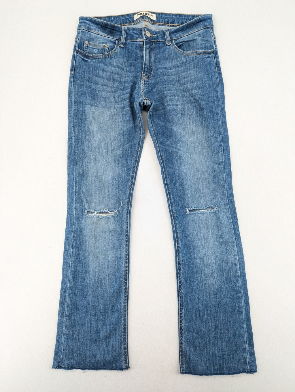 Tally Weijl blue bootcut jeans with distressed knees and raw hem detail.
