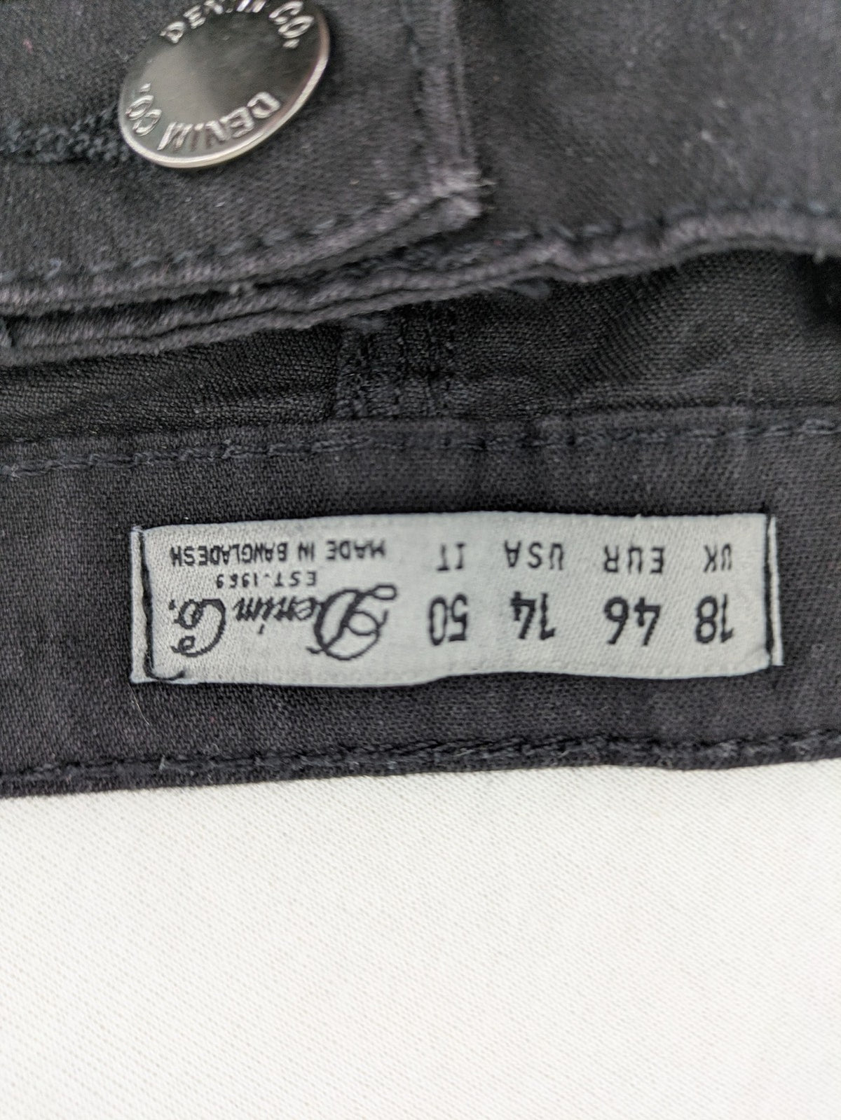 Denim & Co. black straight jeans with front button closure and back pockets.
