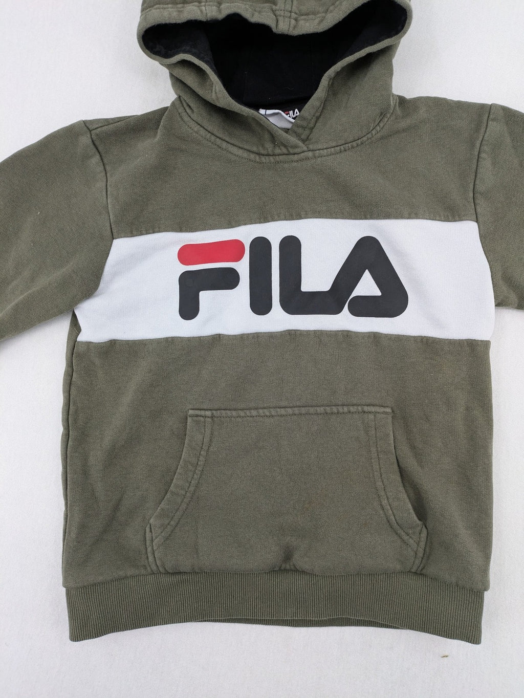 Fila turtle neck jumper khaki with large white logo and kangaroo pocket.