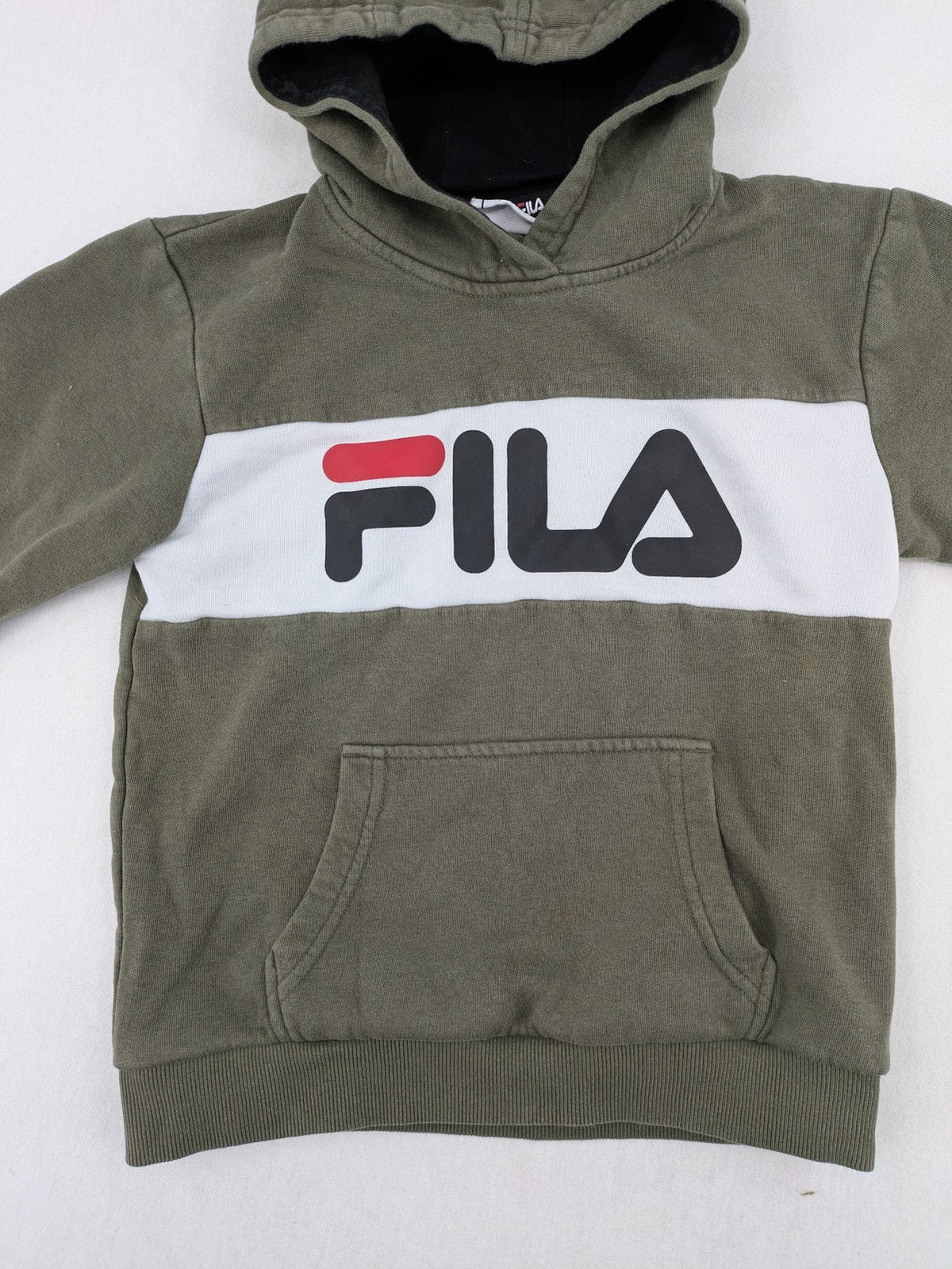 Fila turtle neck jumper khaki with large white logo and kangaroo pocket.