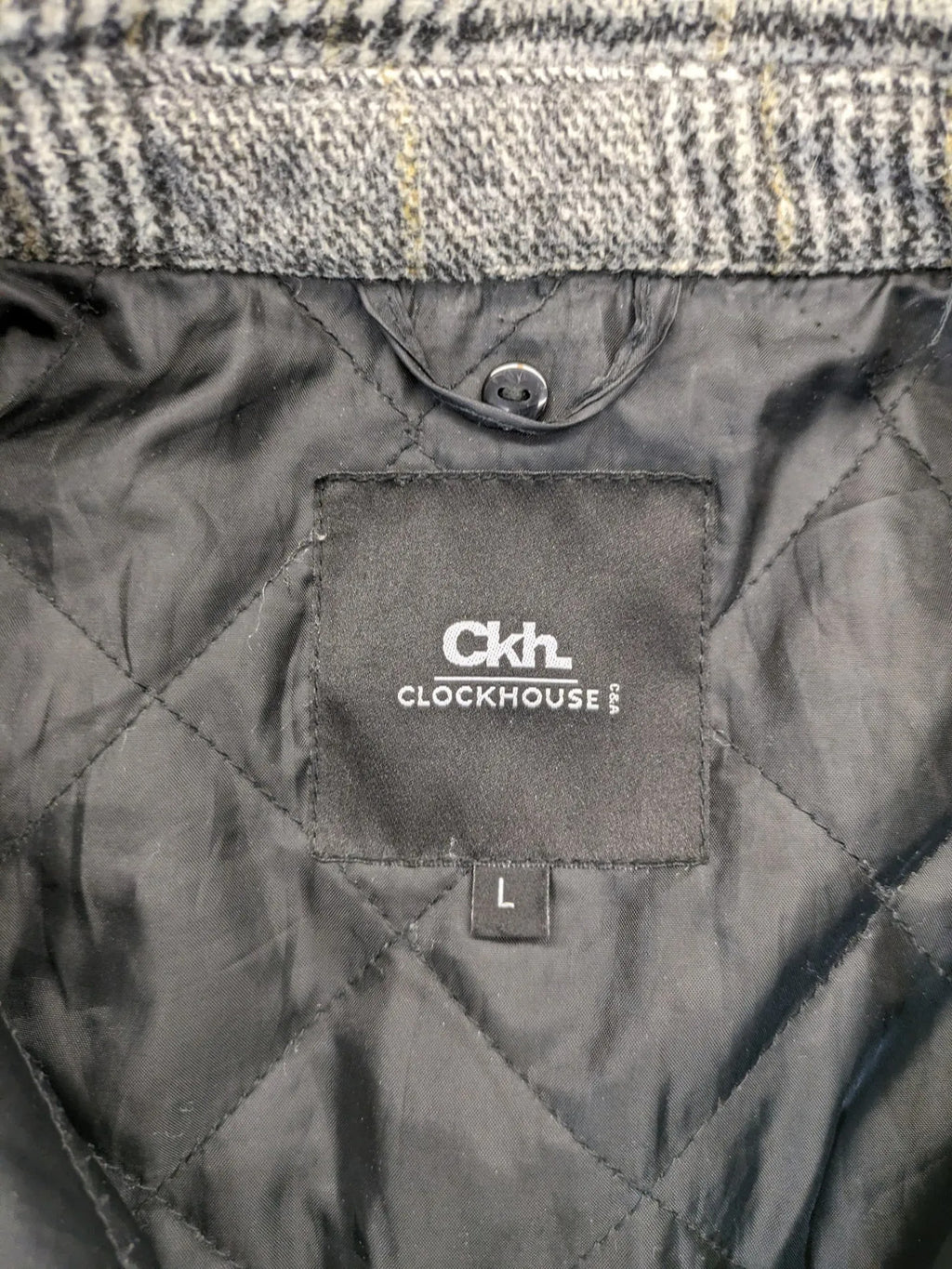Clockhouse grey check shacket jacket with quilted lining and logo detail.