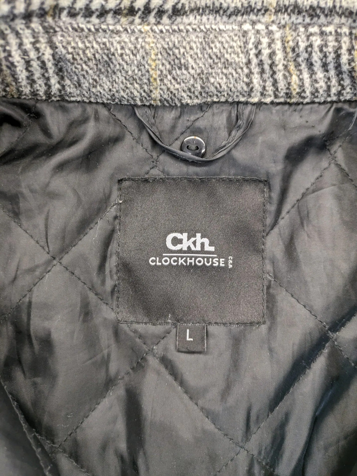 Clockhouse grey check shacket jacket with quilted lining and logo detail.