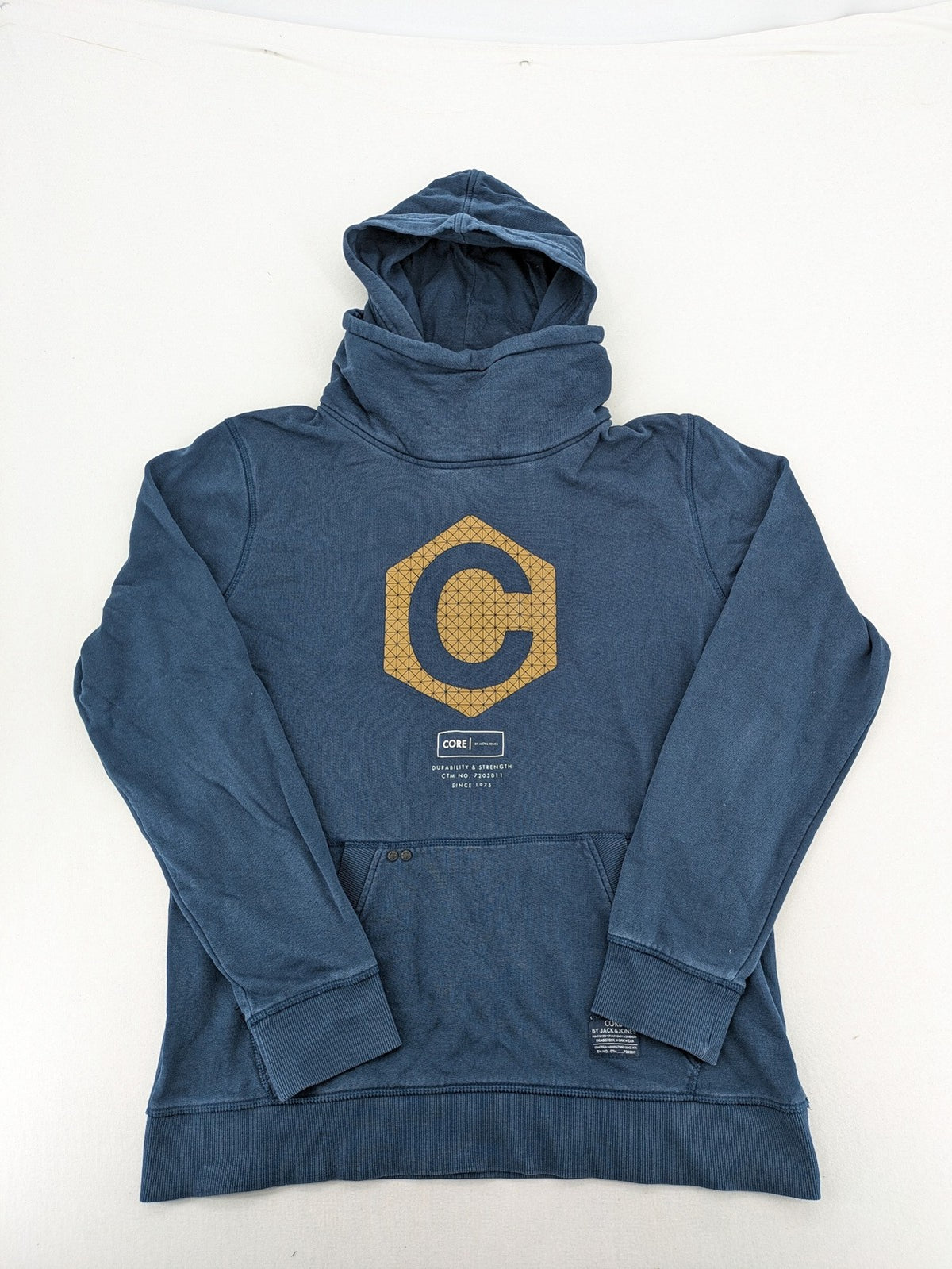 Jack & Jones Core blue hoodie with large gold "C" graphic and high collar.