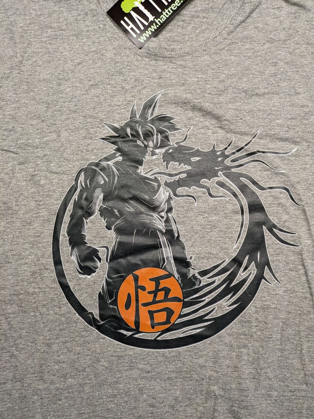 Dragon Ball Z grey t-shirt featuring Son Goku graphic print and "Go" Kanji symbol.