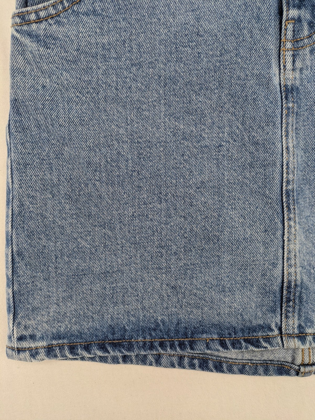MNG blue knee-length skirt high waist paperbag style with elastic back and classic wash.