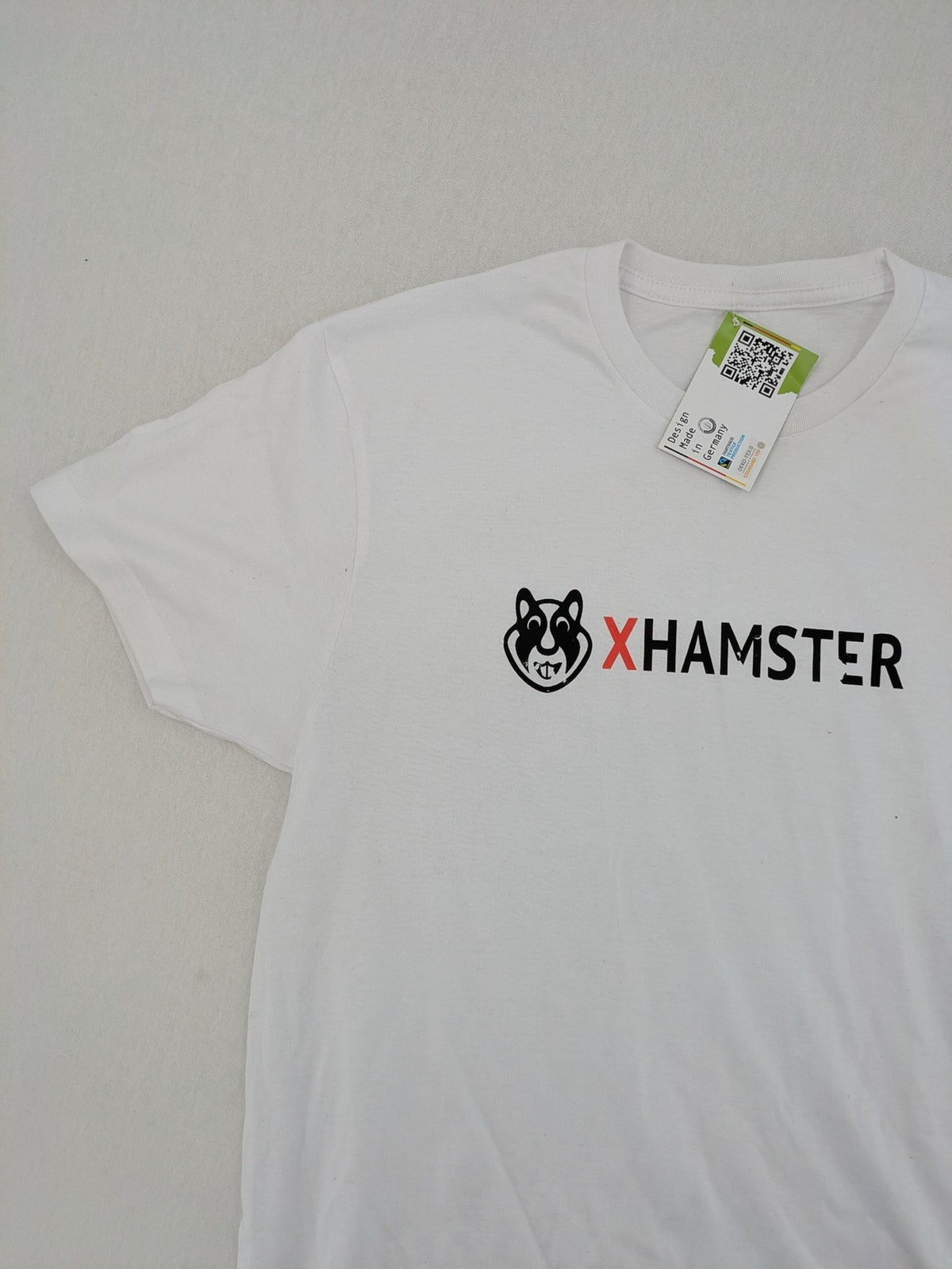Xhamster white graphic t-shirt printed logo on chest, short sleeves, round neck.