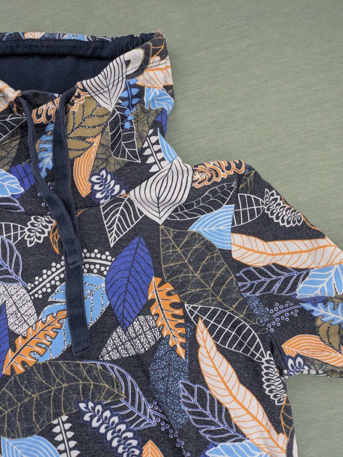 john baner orange turtle neck jumper blue leaf print on dark navy base