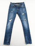 Soda blue straight jeans with distressed rips and button fly, cotton blend material.