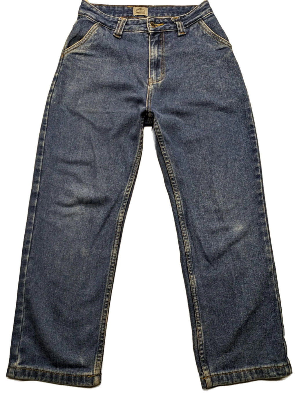 Ozzy blue straight jeans vintage 90s with pink logo patch and classic wash.
