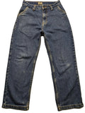 Ozzy blue straight jeans vintage 90s with pink logo patch and classic wash.