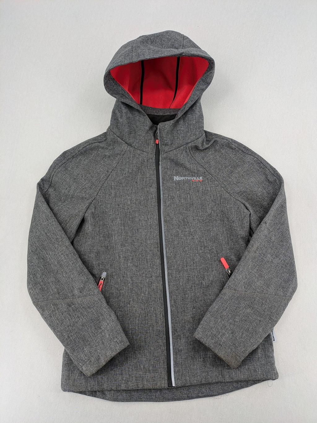 Northville grey and red softshell jacket with hood, fleece lining, and reflective elements.