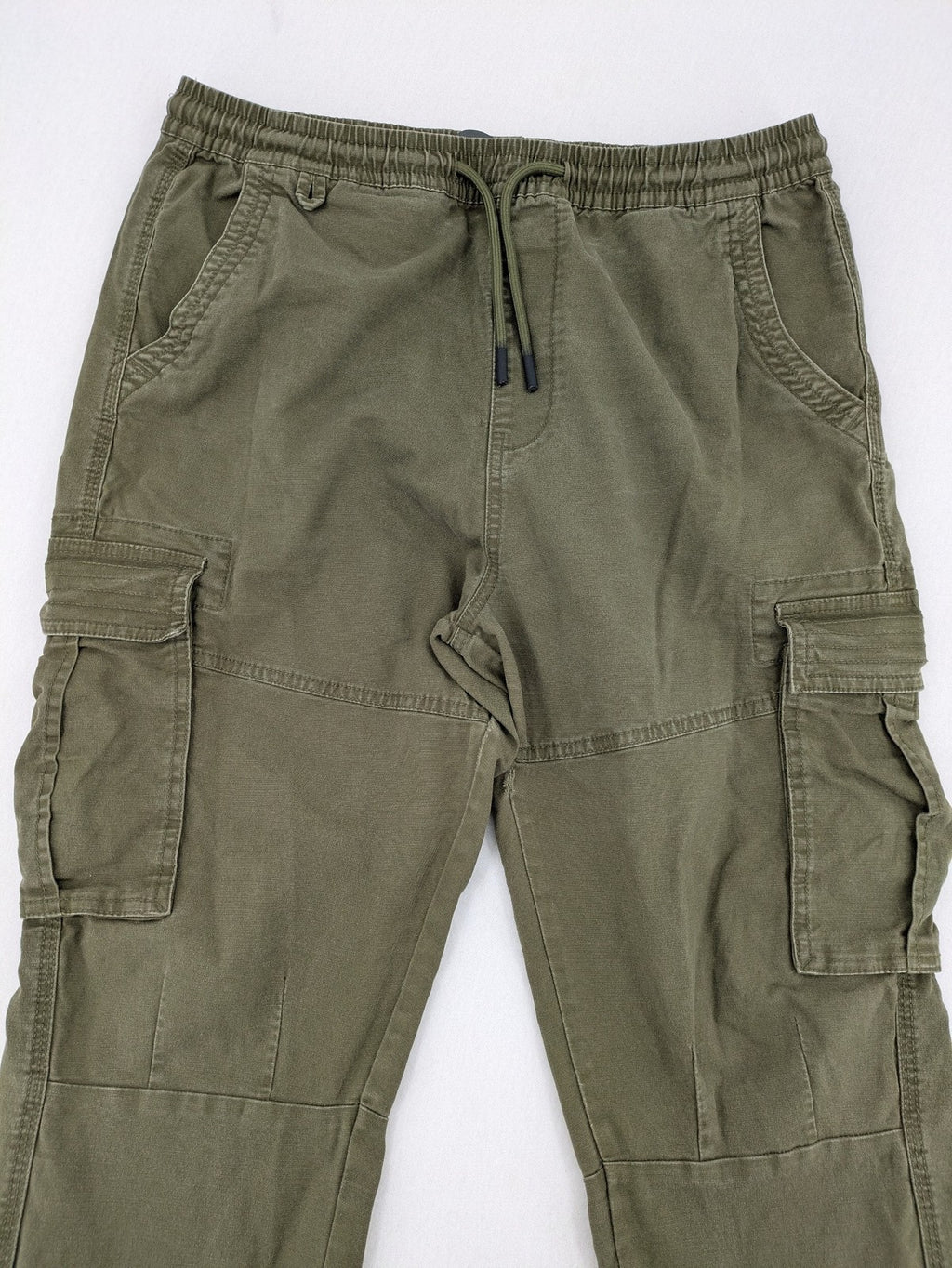 Denim & Co. khaki cargo jogger pants with elastic waistband and multiple pockets.