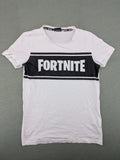 Fortnite white t-shirt with black chest stripe and Epic Games logo, 100% cotton.