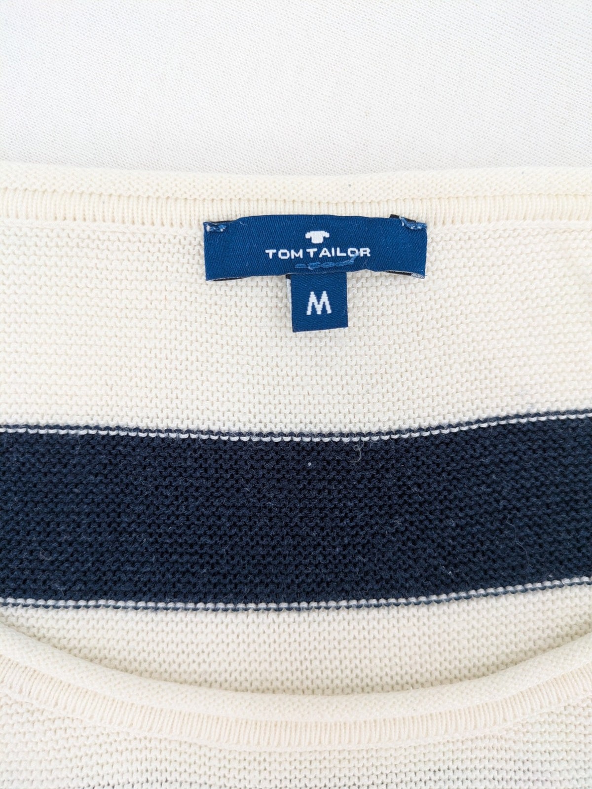 Tom Tailor cream turtle neck jumper with navy stripes and red accent, featuring anchor embroidery.