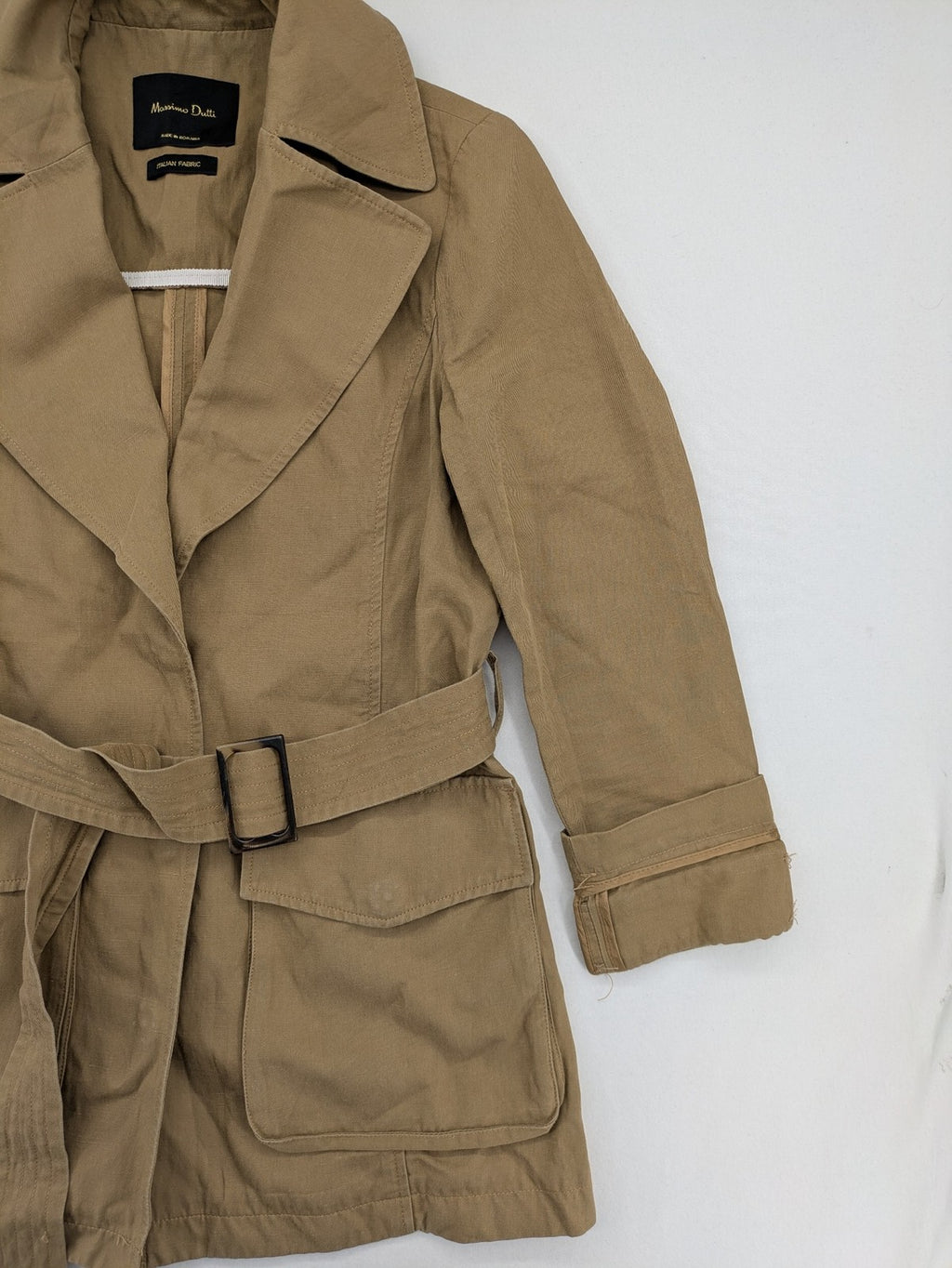 Massimo Dutti beige trench coat with belt, Italian fabric, classic design, shorter length.