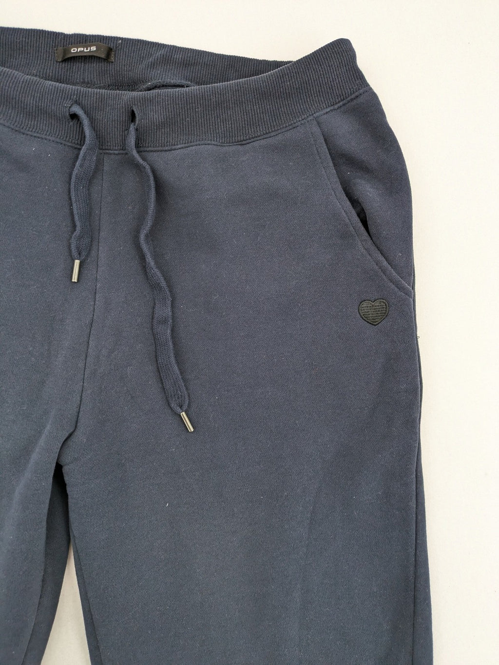 OPUS navy pants soft cotton blend elastic waistband with drawstring and heart logo patch