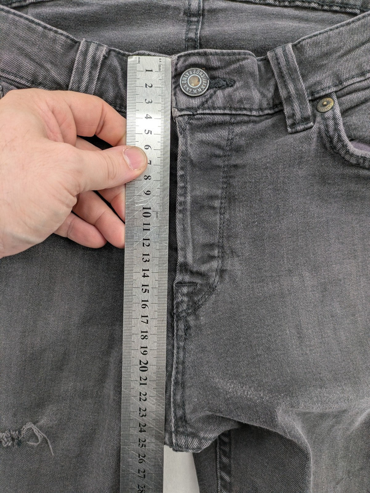 Only & Sons grey slim fit jeans with ripped details and open hem, stretch denim.