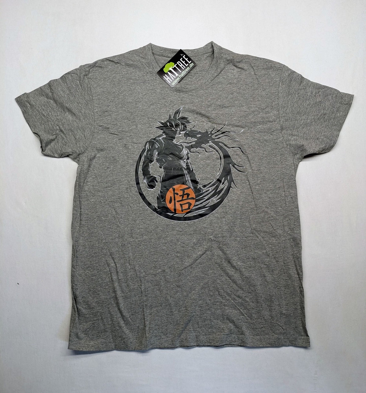 Dragon Ball Z grey t-shirt featuring Son Goku graphic print and "Go" Kanji symbol.