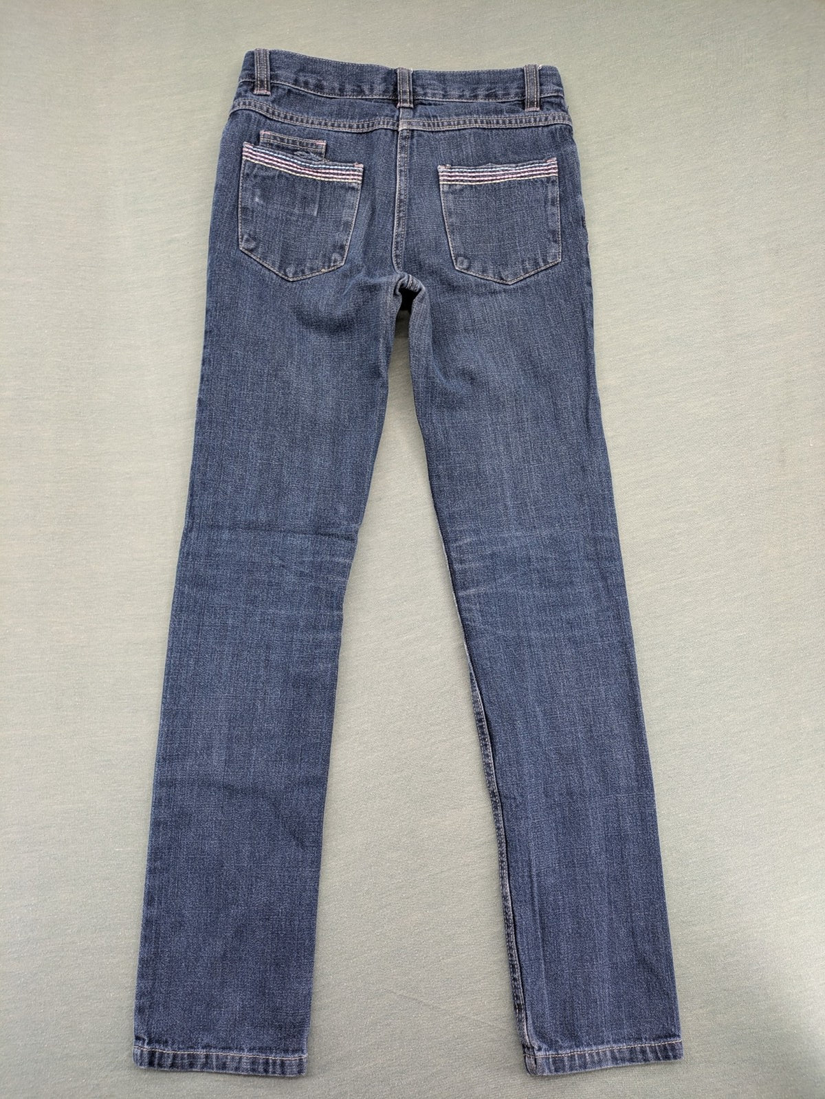 Straight Leg blue pants 100% cotton with decorative stitching and classic 5-pocket style.
